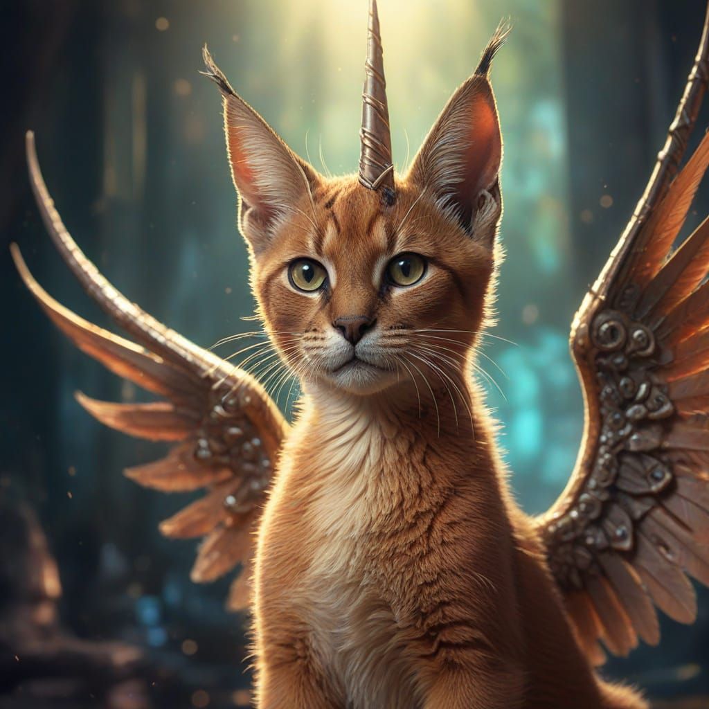 Aetherpunk Caracal Kitten Rides a Unicorn: Oil Painting