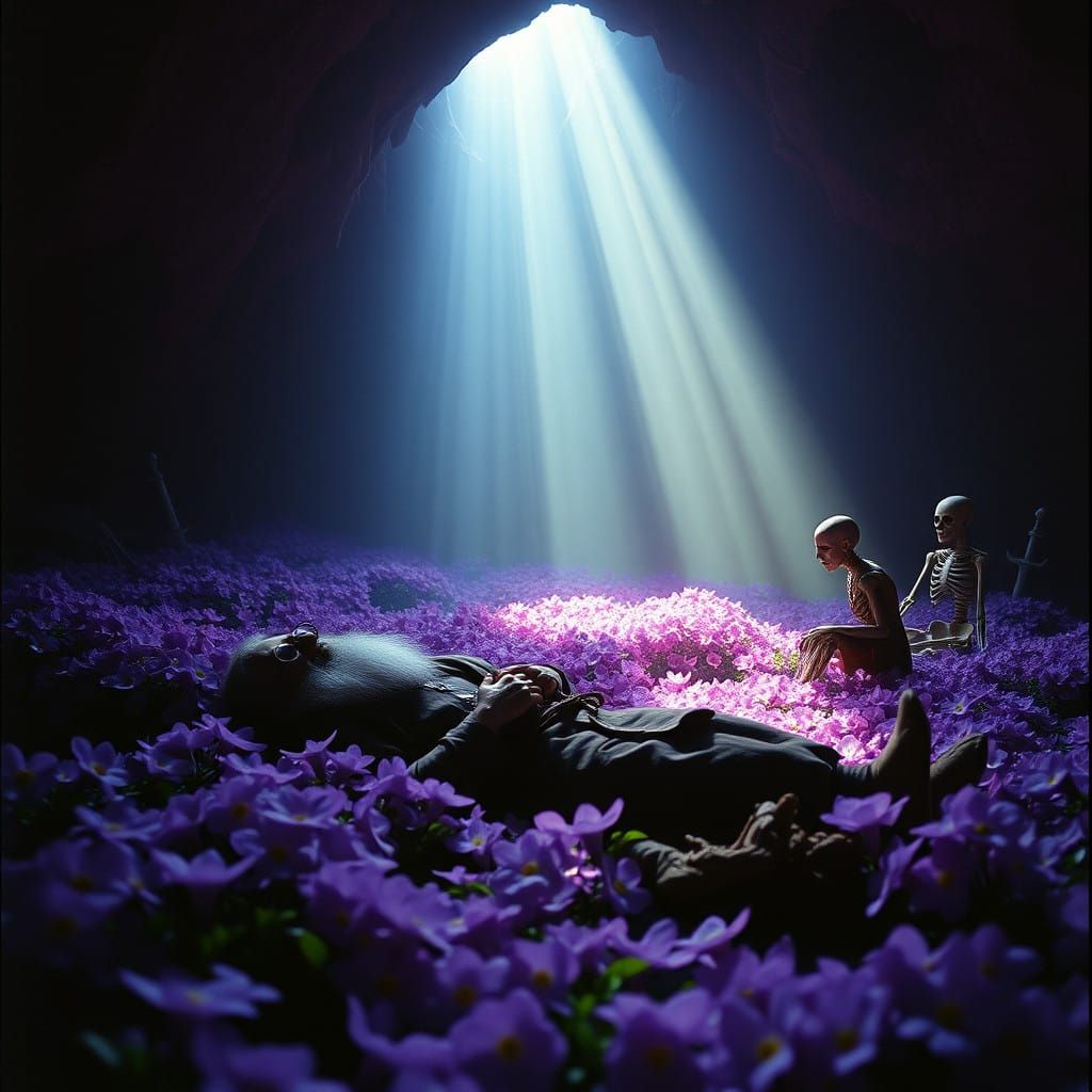Ethereal Grotto of Violet Flowers and Forgotten Heroes