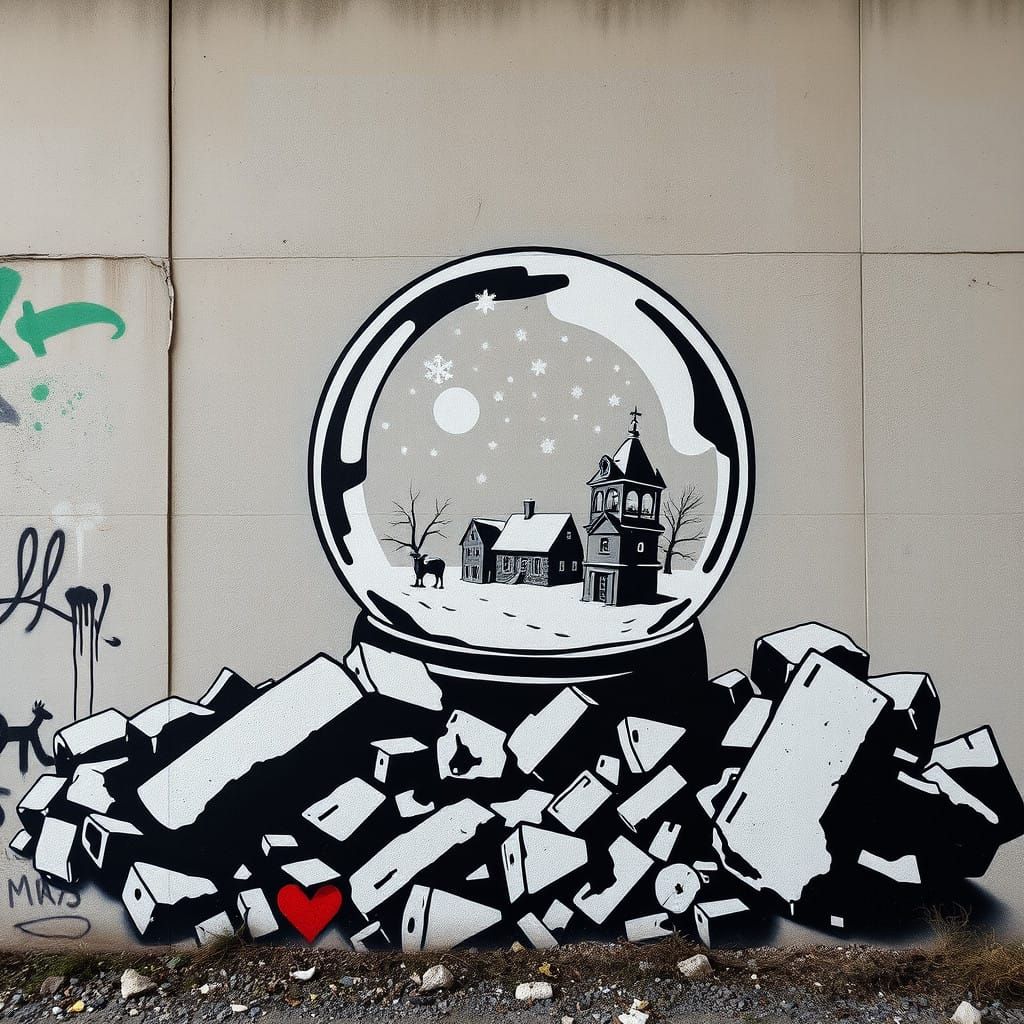Banksy-Inspired Street Art: Snowglobe Scene Amidst Ruins in...