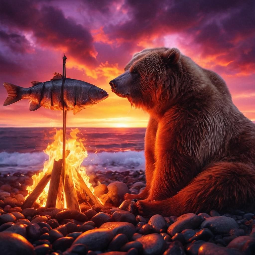 Kodiak Bear Roasting Fish at Sunset