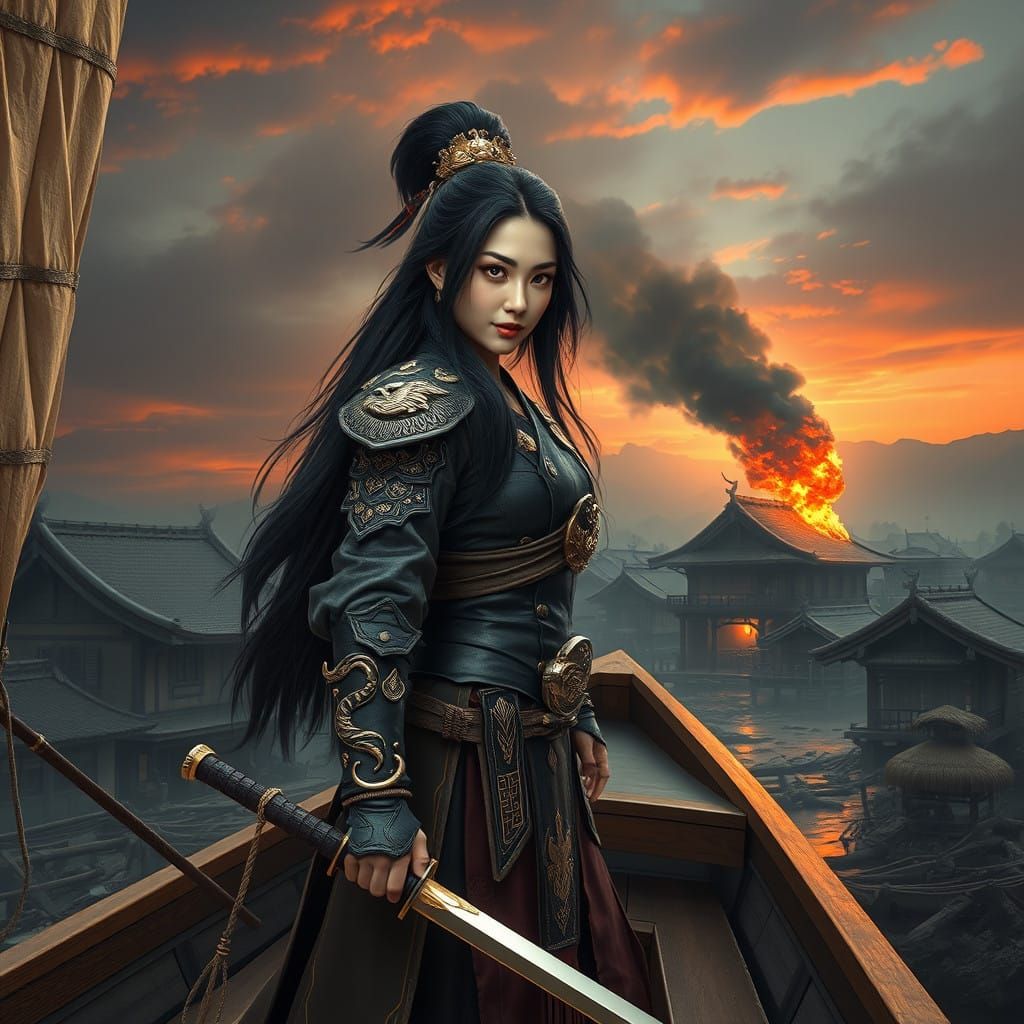 Japanese Warrior Lady Embarks on a Quest with Fierce Determi...