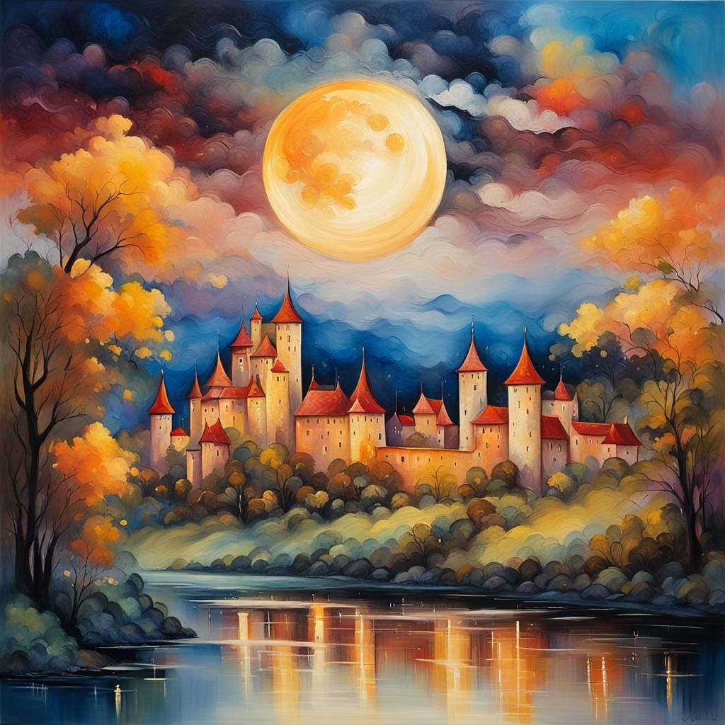 Impressionist River Village and Castle Under Moonlight