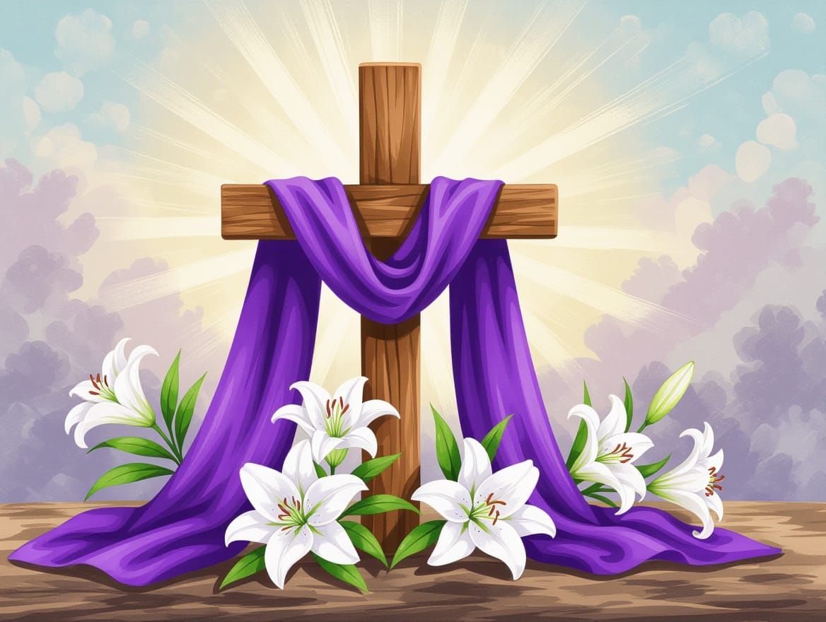 Wooden Cross with Vibrant Lilies in Easter Scene