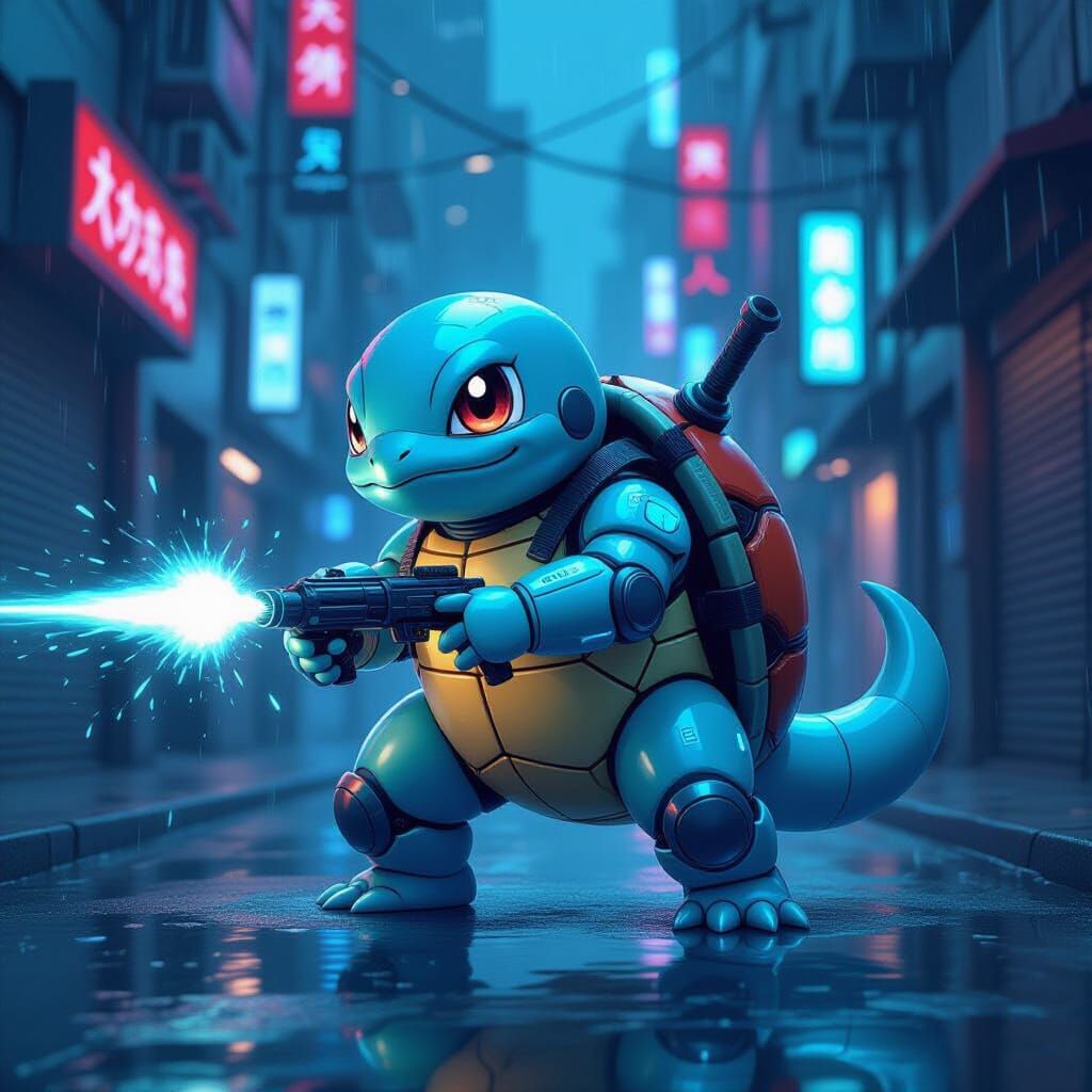 Cyberpunk Squirtle with Neon Enhancements