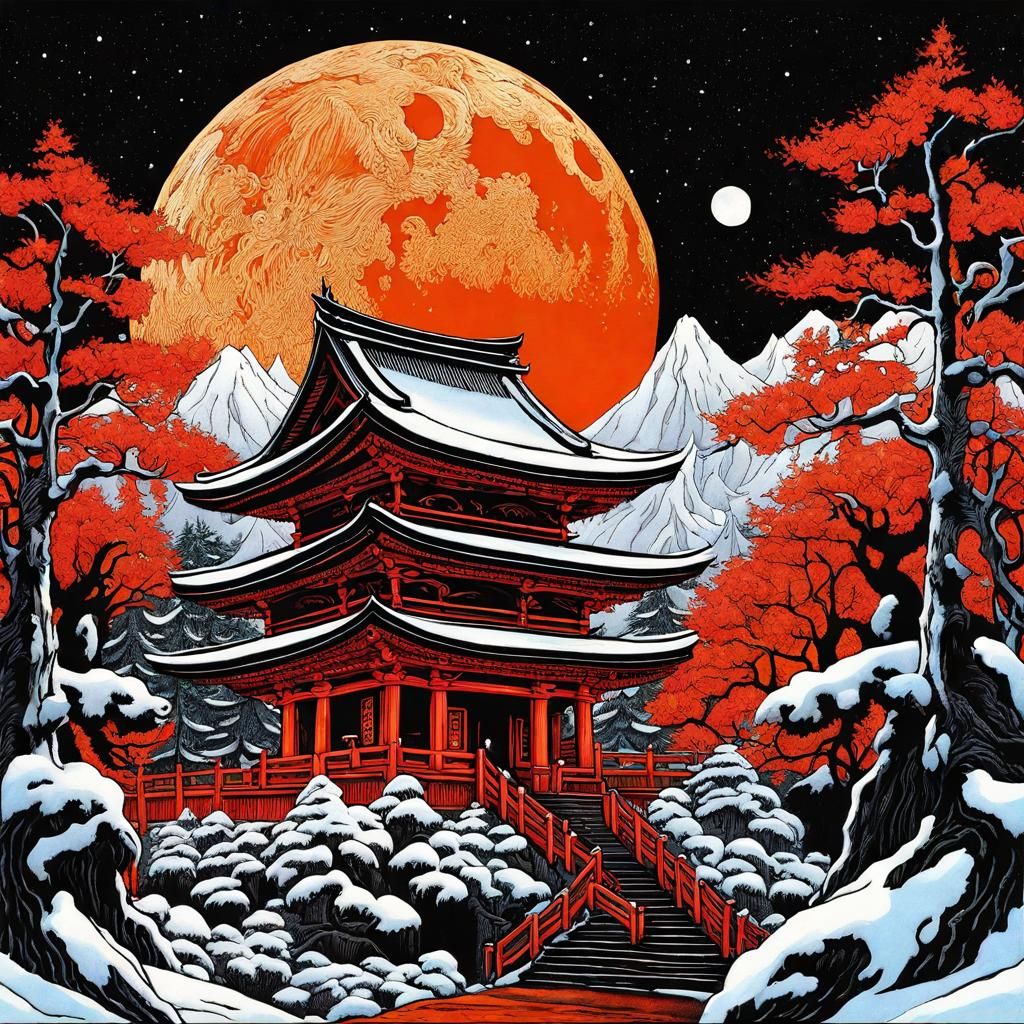 Gothic Shinto Shrine in Winter, Tim Burton Style