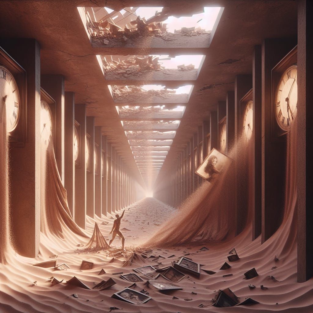 Figure Grasping Memory in Sepia-Toned Corridor