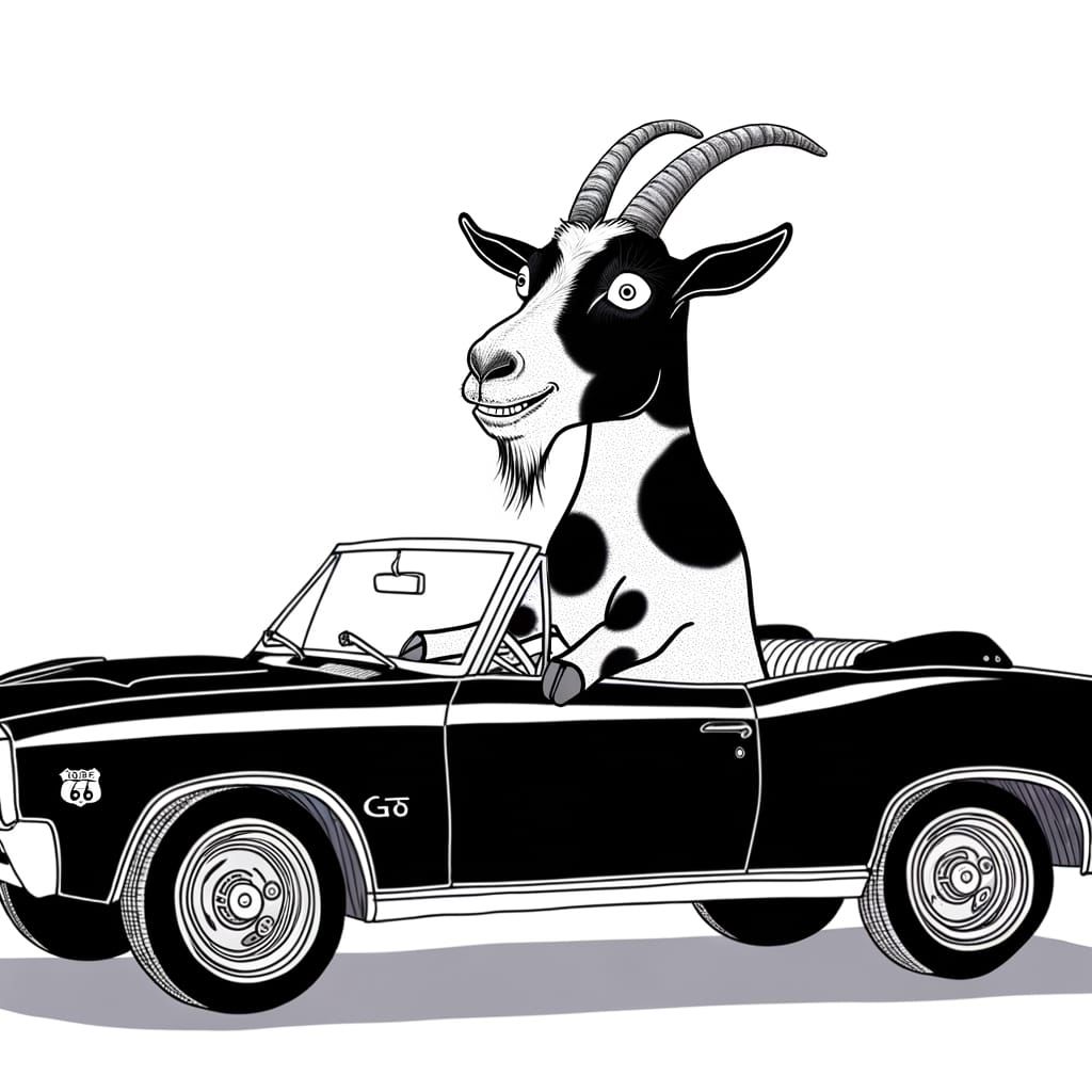 Cartoon Goat Drives a Classic Car on Route 66