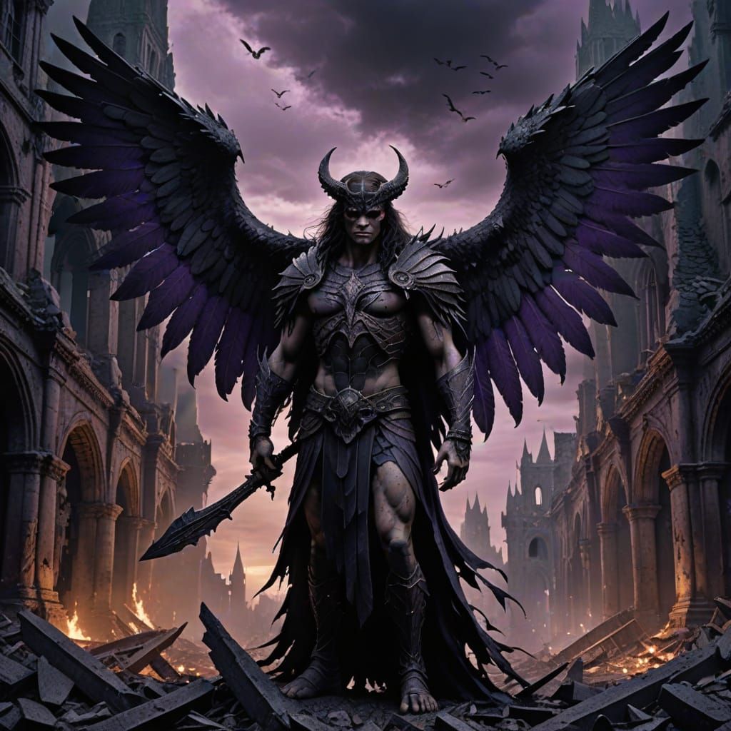 Dark Fantasy Nephilim in Ruined Gothic City