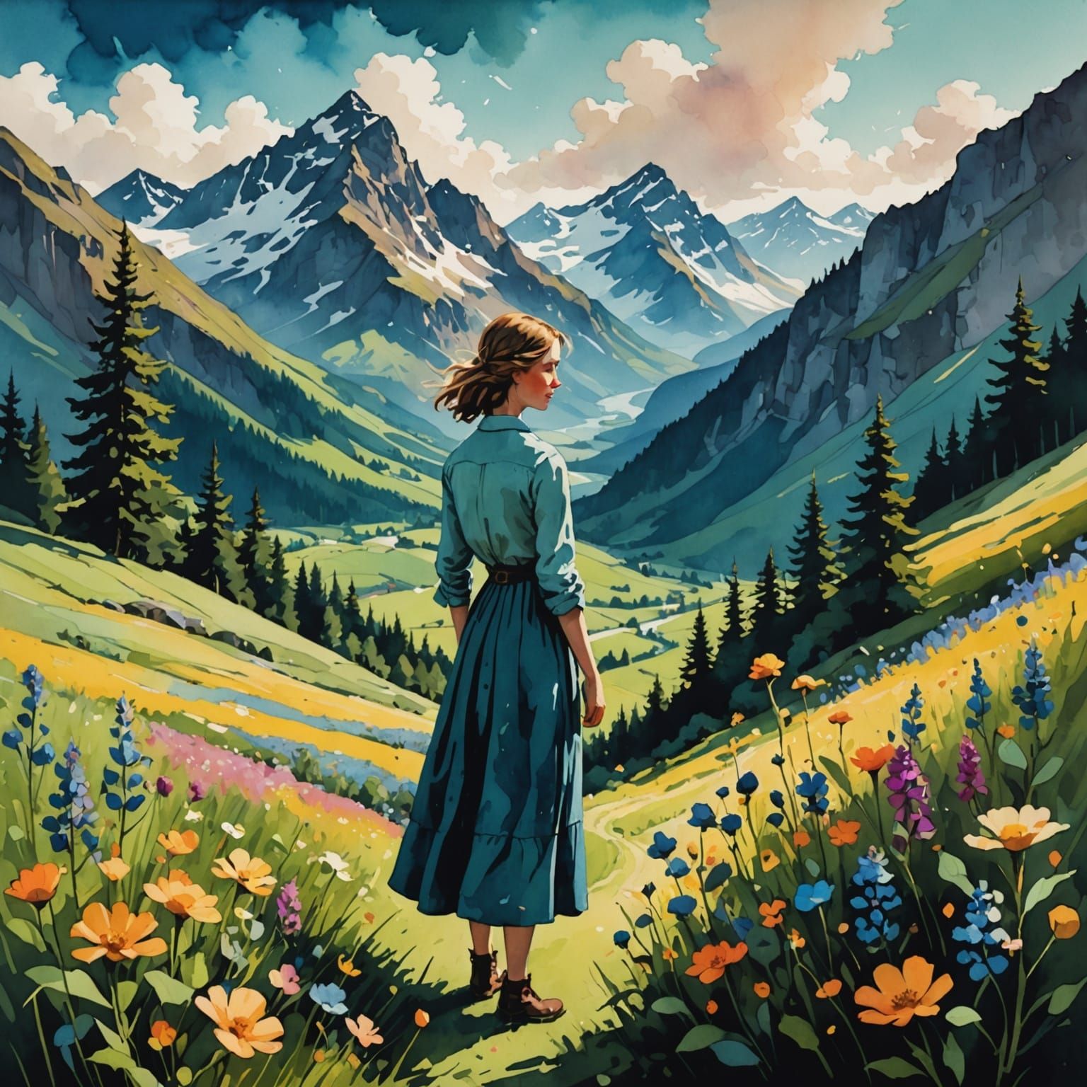 Wildflowers Bloom in Chiaroscuro Mountain Landscape