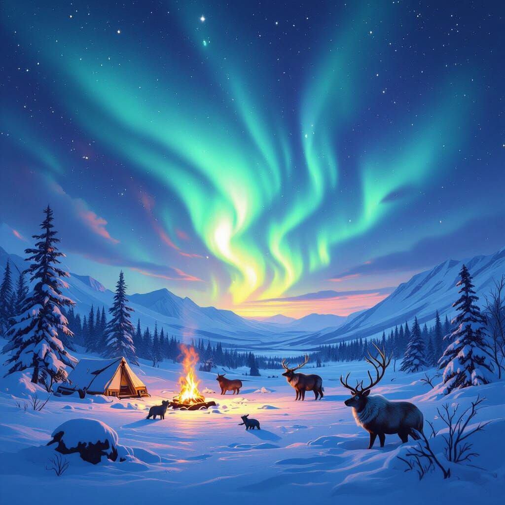 Aurora Borealis Over Snowy Campsite with Wildlife