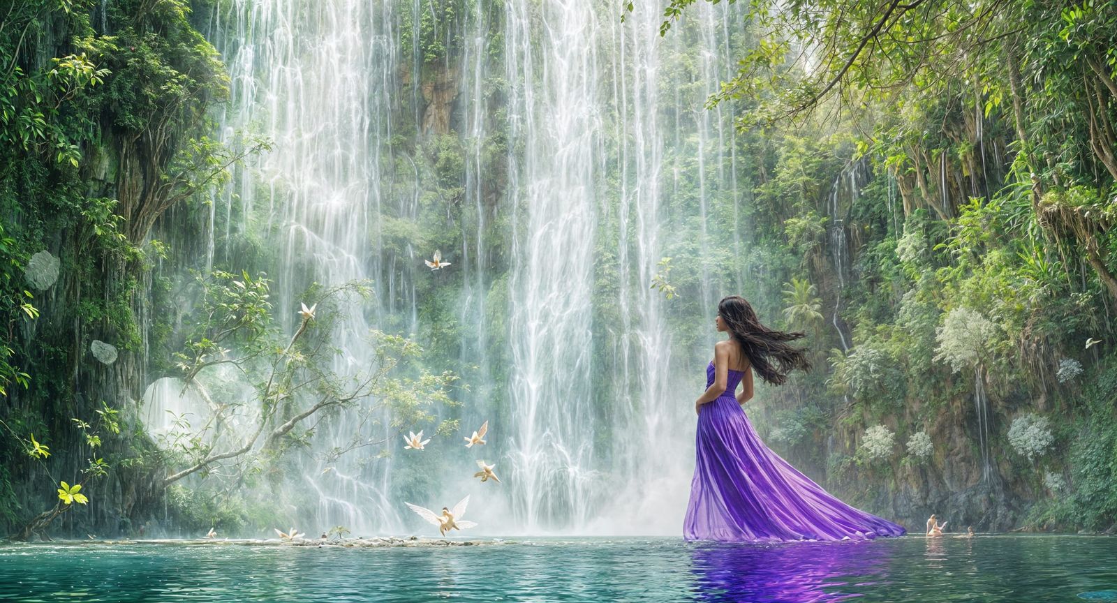 Waterfall Painting with Tropical Alcove and Fairies