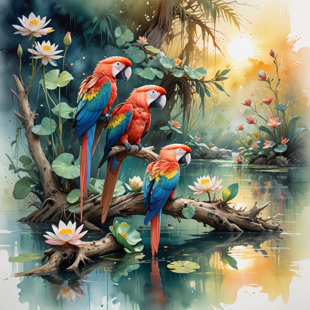 Scarlet Macaws in Tropical Lagoon, Watercolor and Digital En...