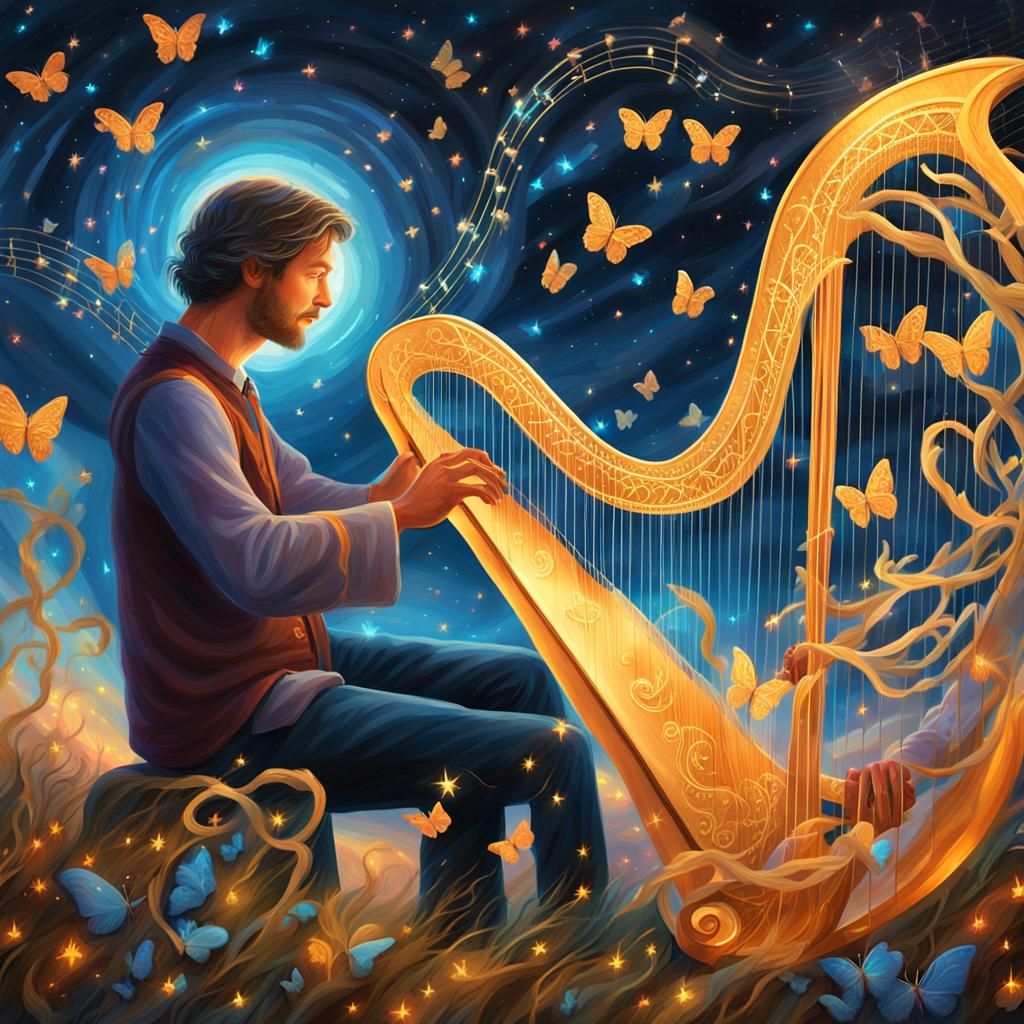 Magical Harpist in Whimsical Oil Painting