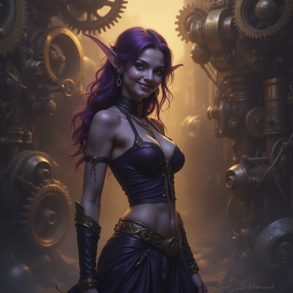 Drow Elf in Steampunk Engine, Hyperrealistic Splash Art Styl...