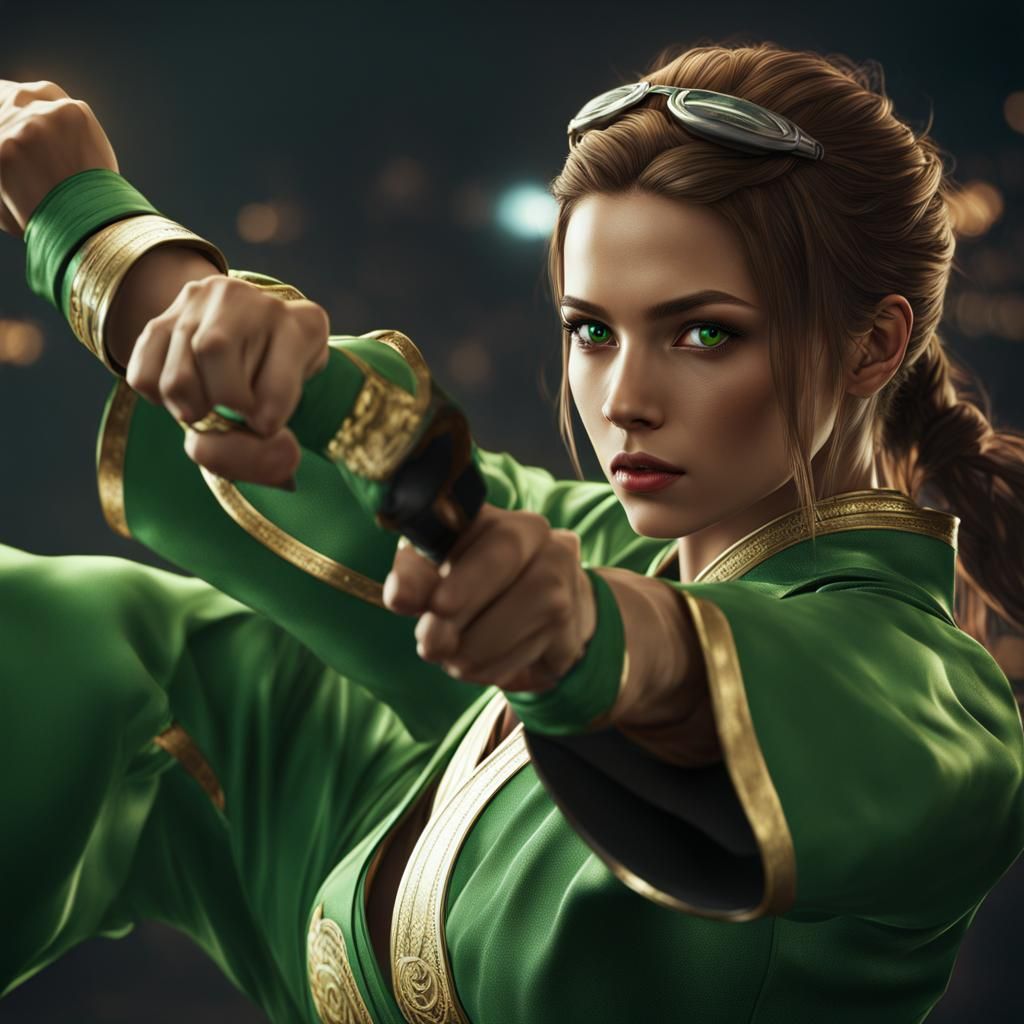 Girl with Green Eyes in Karate Kick Pose