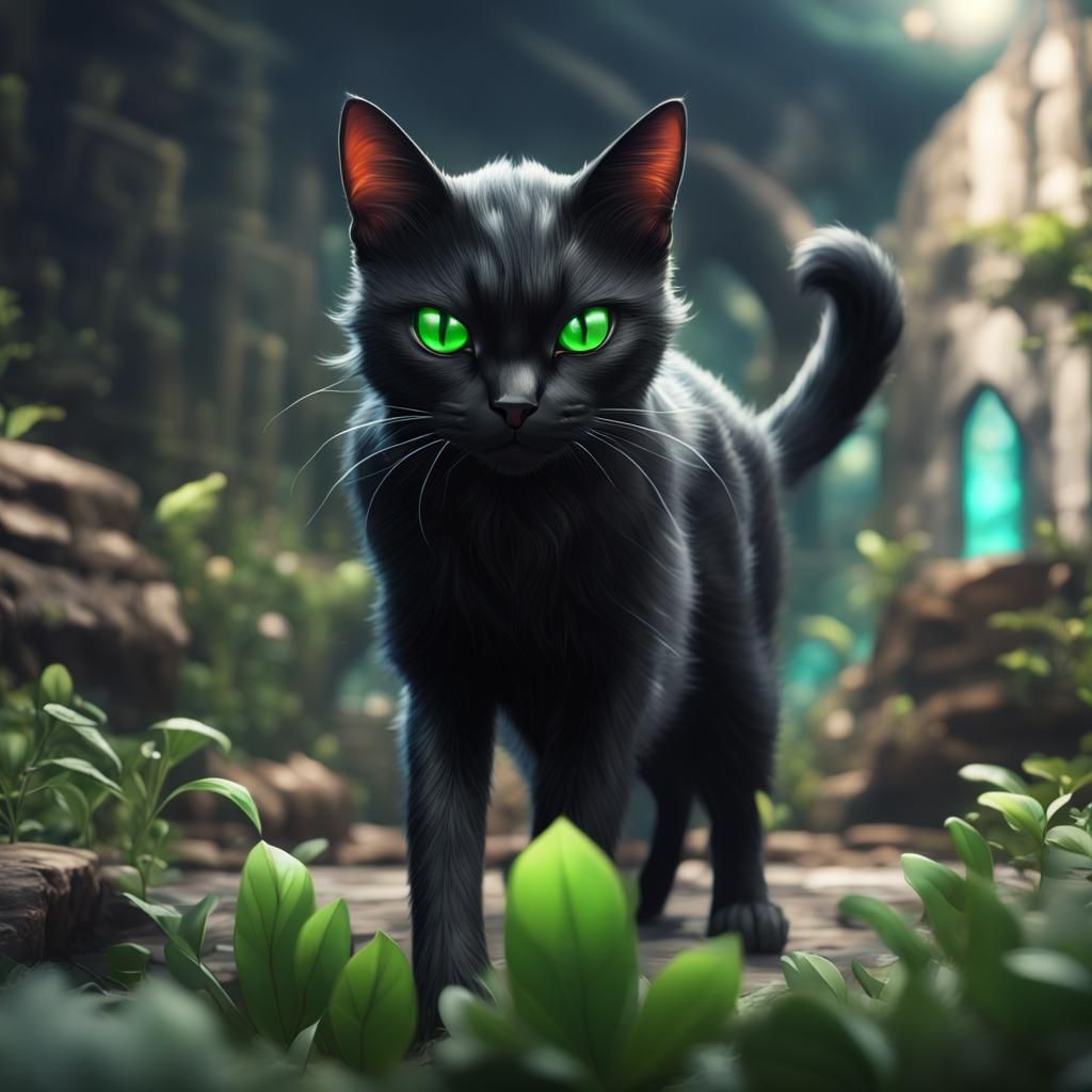 Black Cat Pokémon with Green Eyes: Fantasy Art