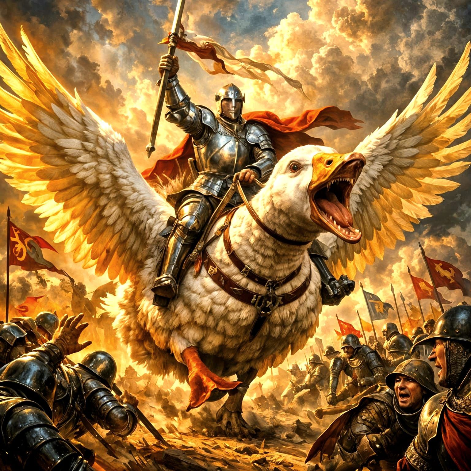 Knight Charging on Goose in Renaissance Battle Painting