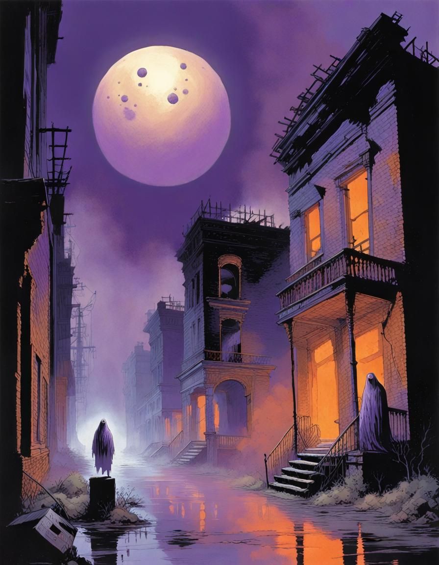 Ethereal Ghosts in Abandoned City at Night
