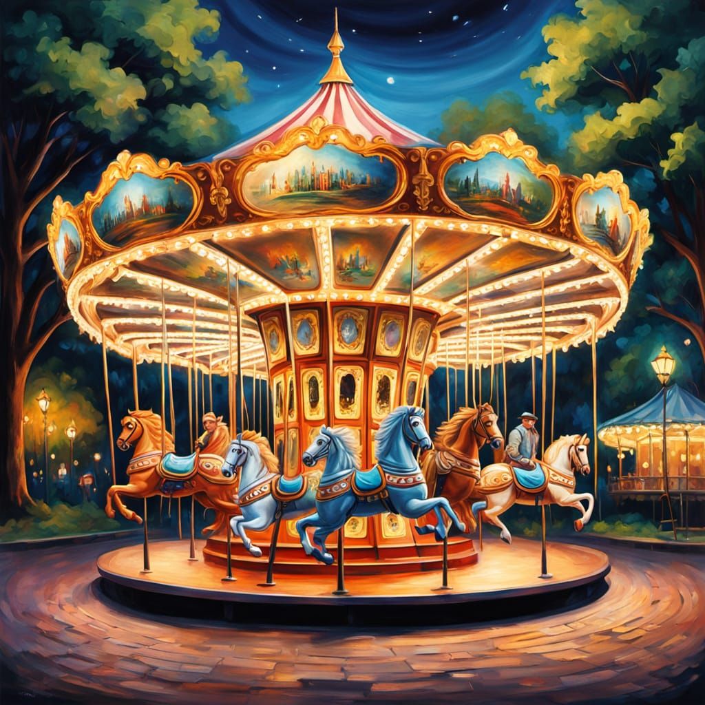 Vibrant Oil Painting of a Glowing Carousel at Night