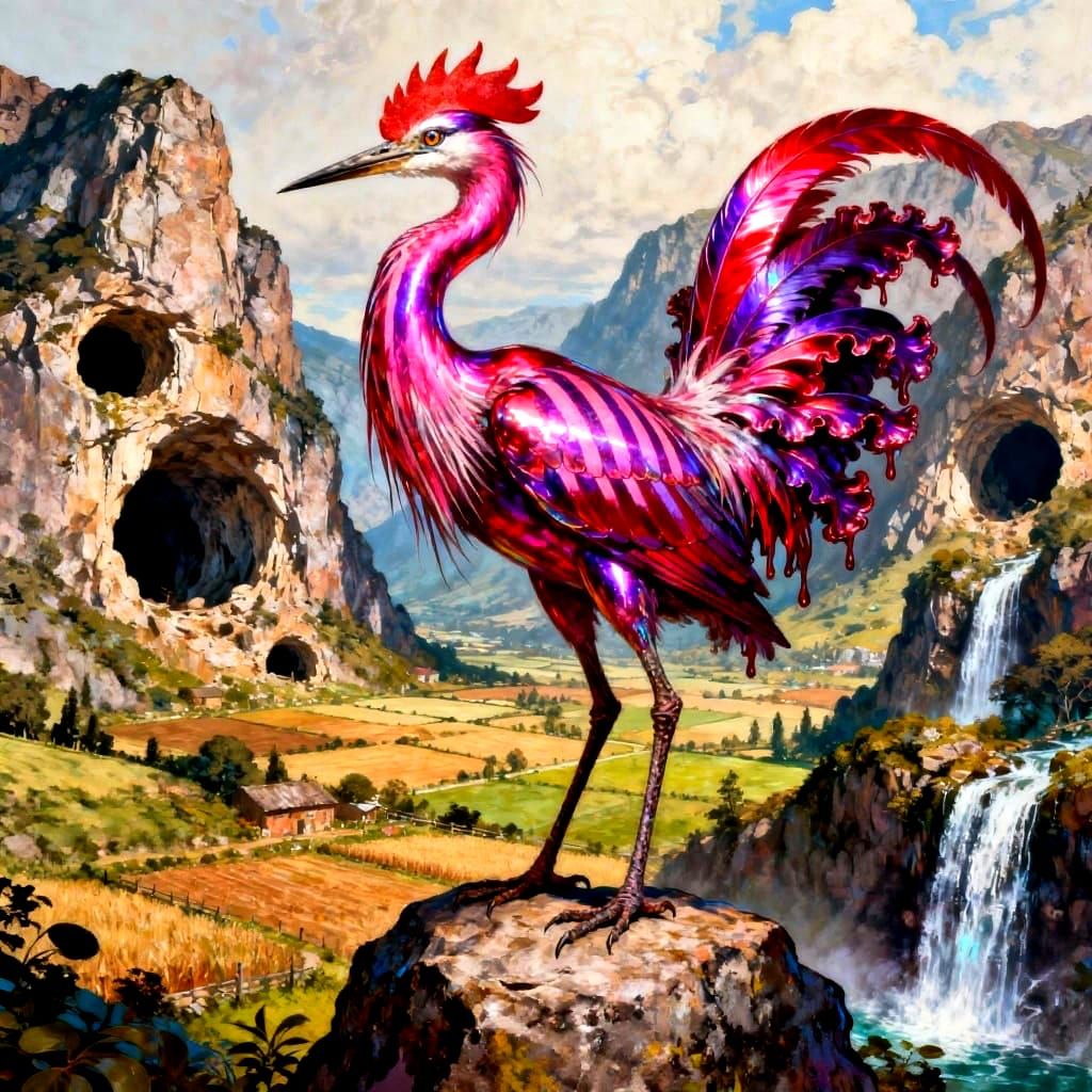 Majestic Heron-Rooster Hybrid in Hyperdetailed Digital Paint...