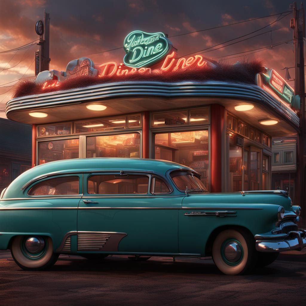 1950s Diner Exterior in Digital Matte Painting Style