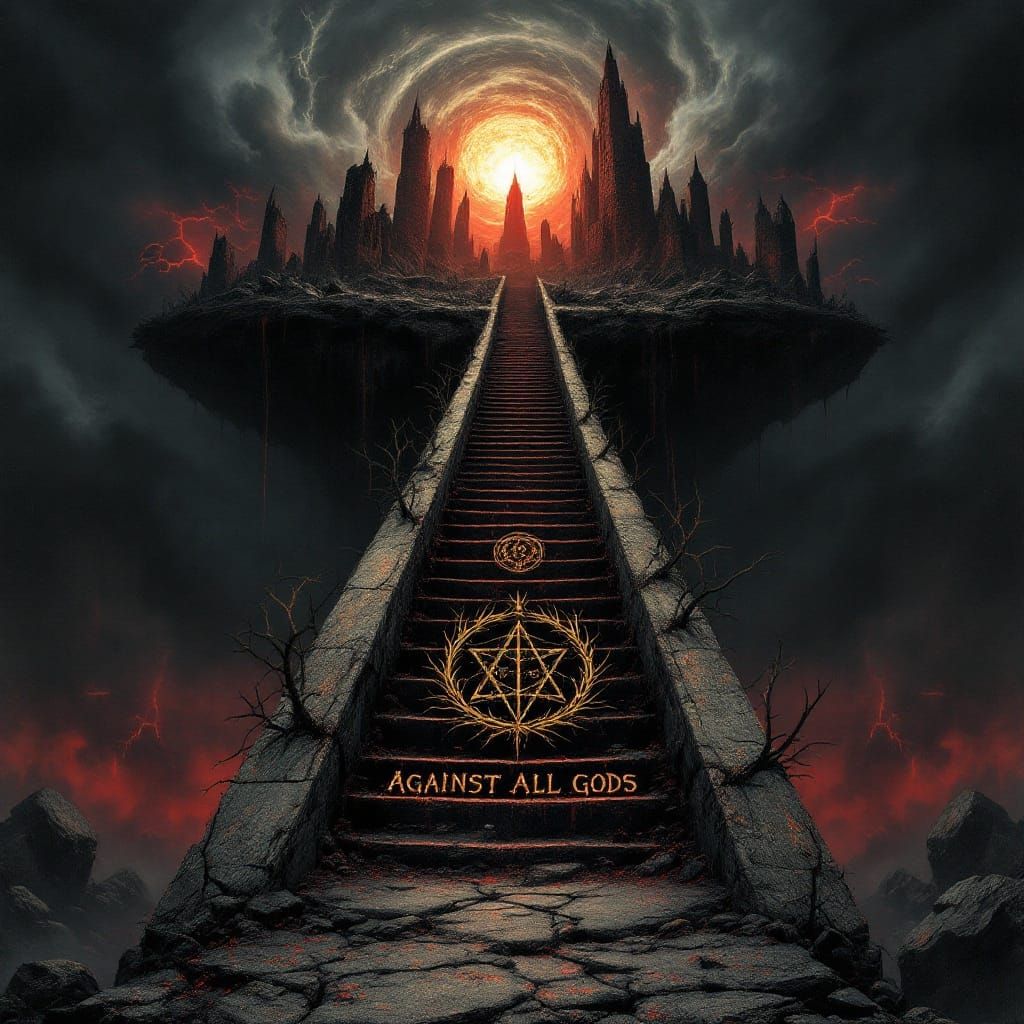 Dark Fantasy Horror Scene with Ruined Cityscape and Blackene...