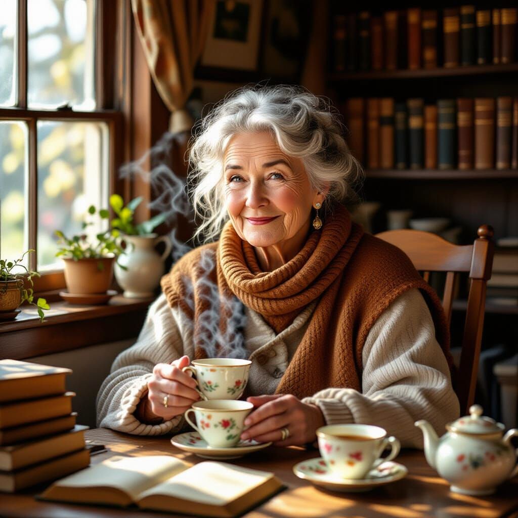 Cozy Cottage Portrait: Wise Woman in Rembrandt Lighting