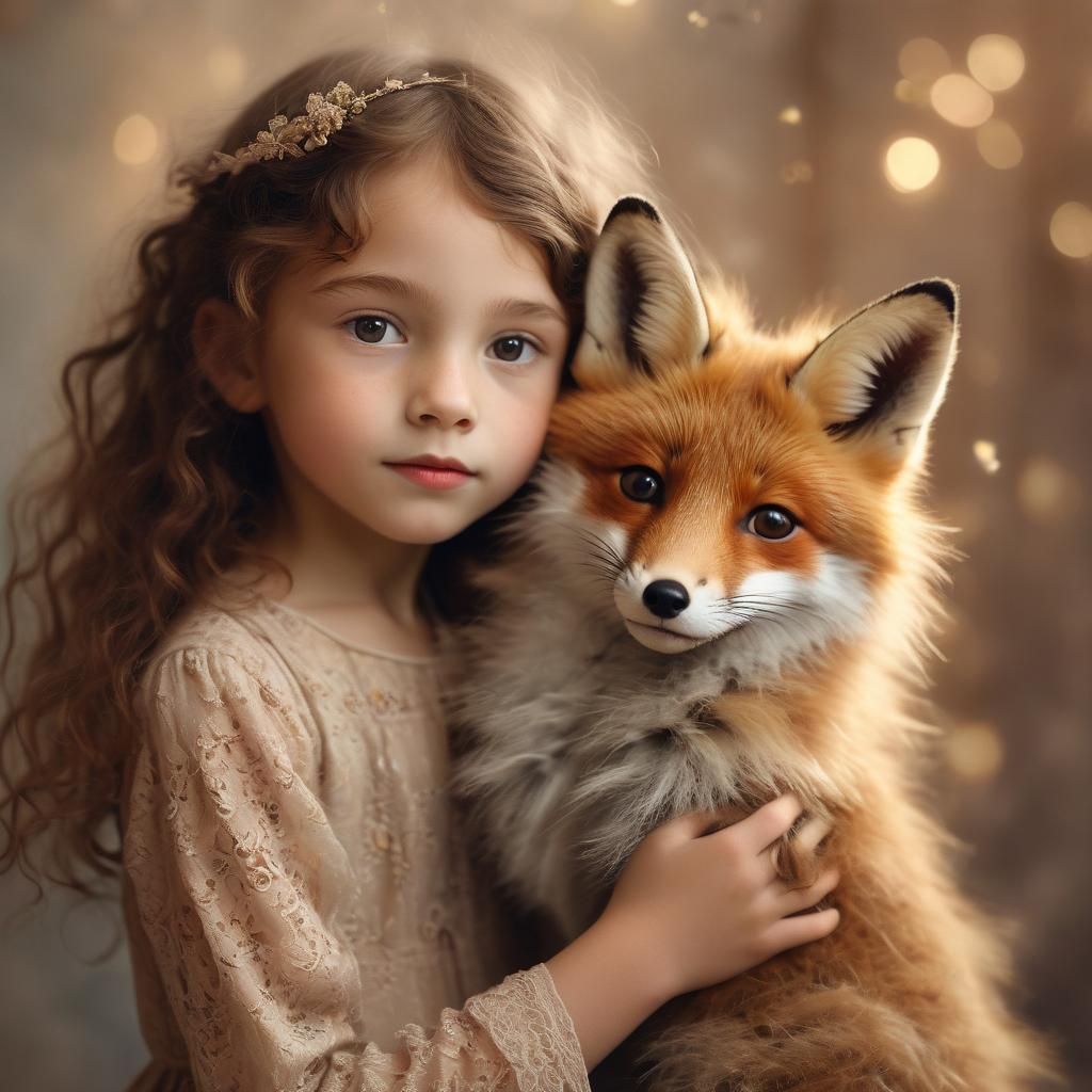 Child Hugs Fox in Whimsical Digital Portrait