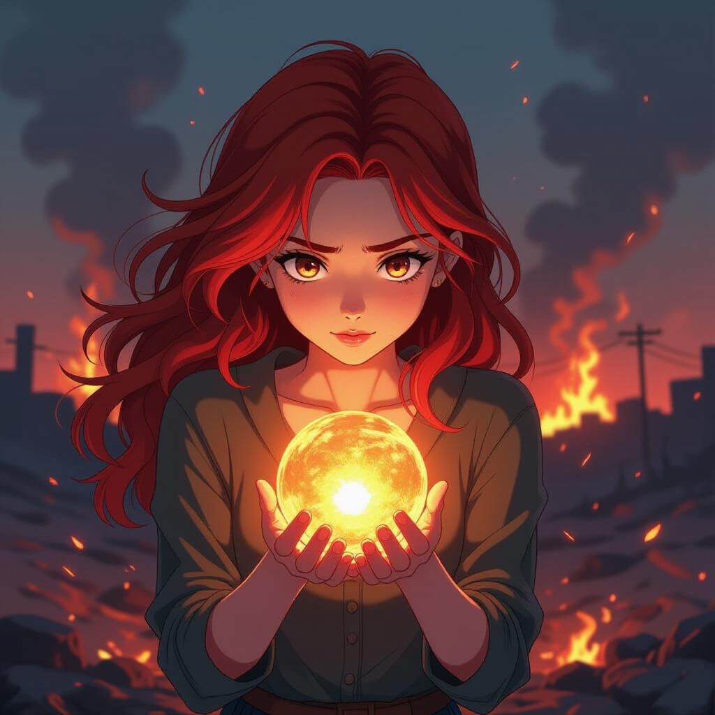 Fiery Woman Protects Warmth in Desolated World