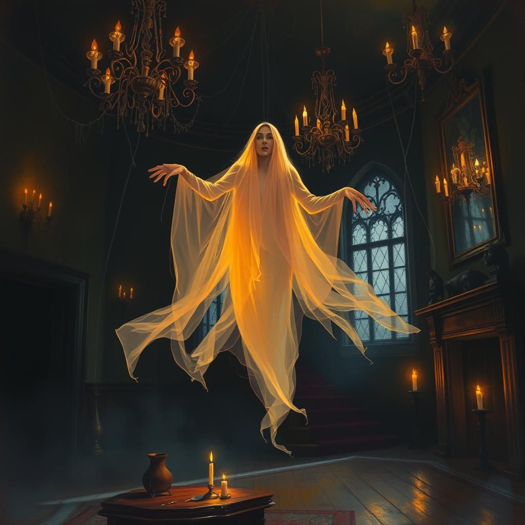 Ethereal Ghost in Haunted Mansion with Bioluminescence