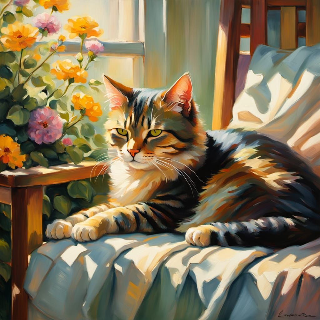 Serene Grandma and Cat in Impressionistic Oil Painting