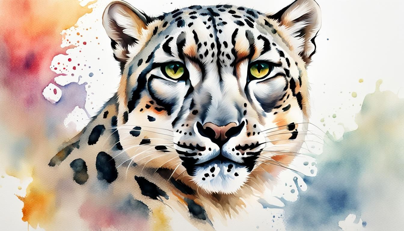 Vibrant Watercolor Snow Leopard Portrait on White