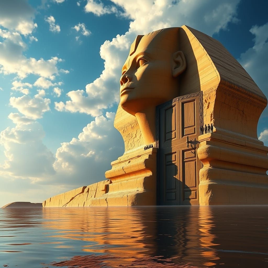 Surreal Flooded Sphinx with Gothic Sky