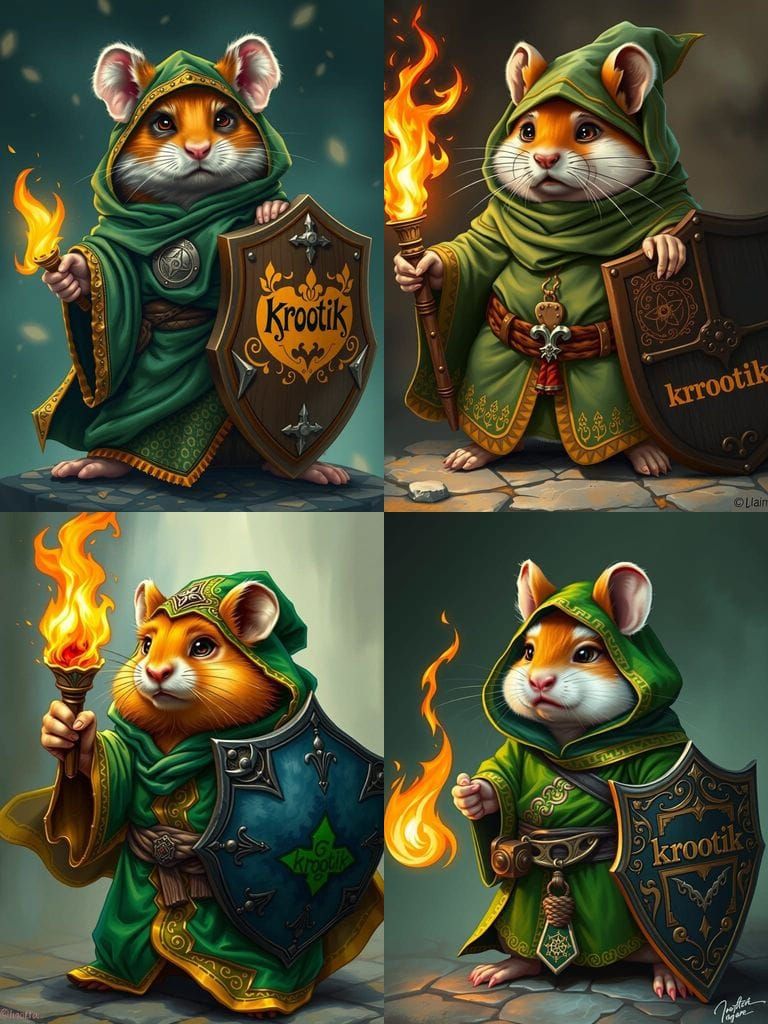 Hamster Warrior in Magical Robe Holding Torch