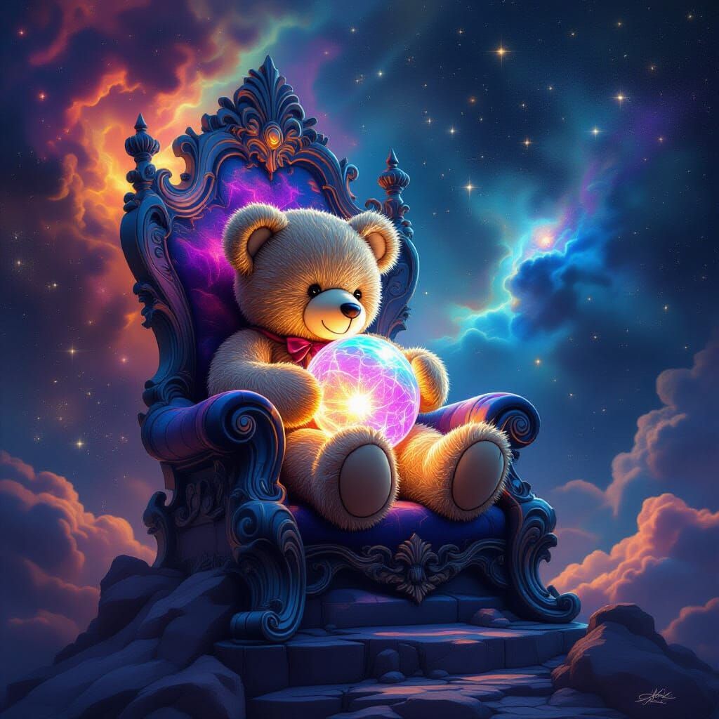 Cosmic Teddy Bear on Nebula Throne with Crystal Orb