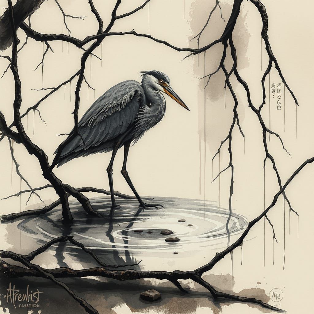 Heron in Charcoal Sketch Style with Watercolors