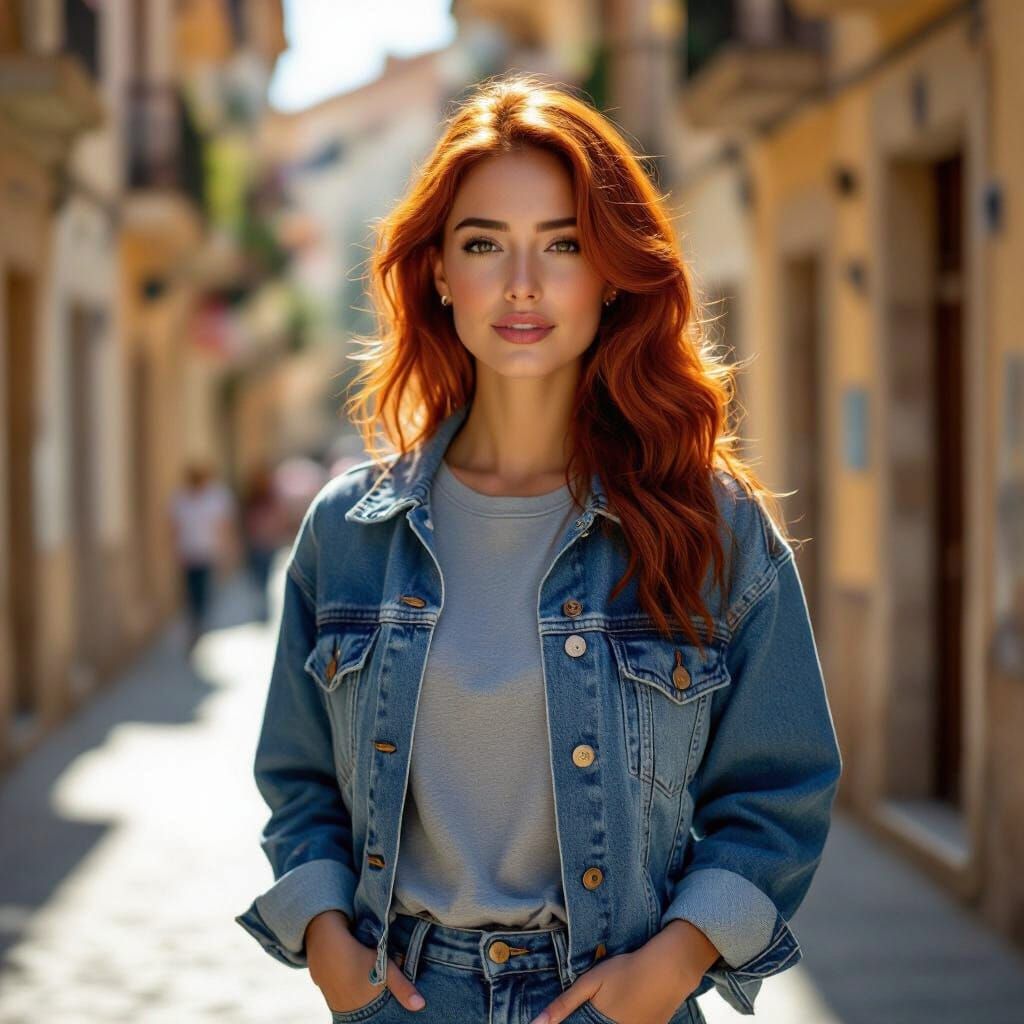 Spanish Woman with Red Hair on Mediterranean Street