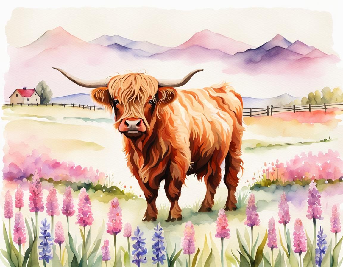 Watercolor Highland Cow in Pink Hyacinth Field