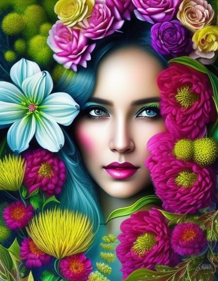 Floral Woman Portrait in Detailed Digital Art Style