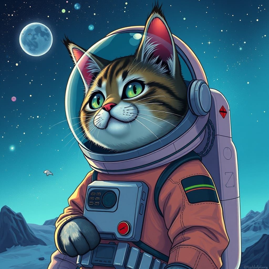 Astronaut Cat Explores Alien Planet in Ghibli Style