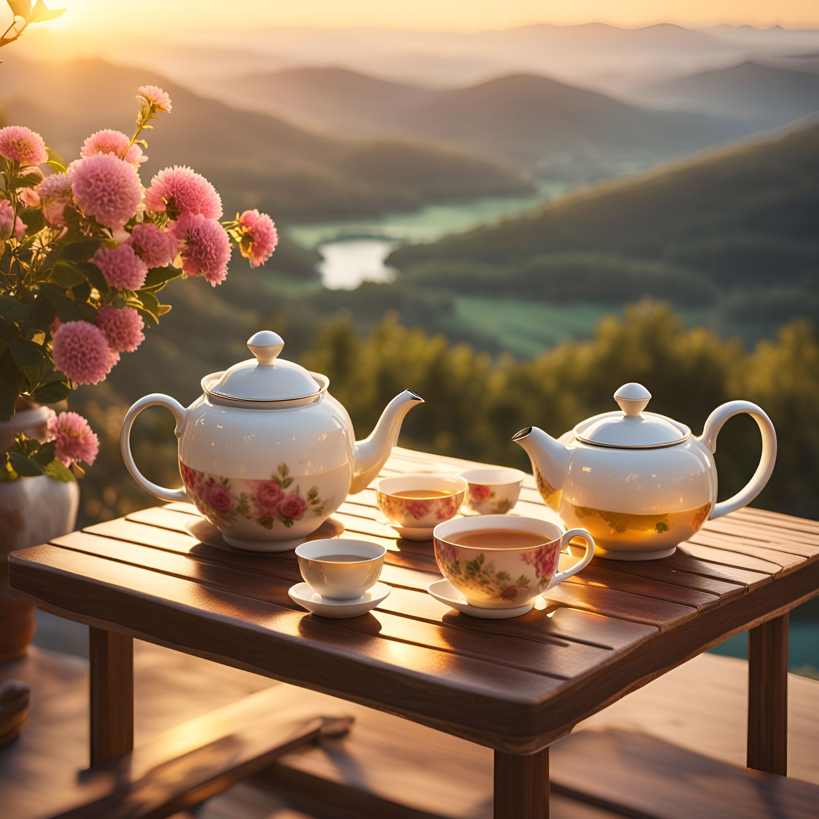 Terrace Tea Table at Golden Hour: Hyperrealistic Photo