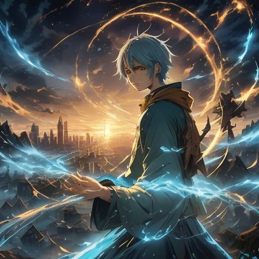 Mystical Cityscape: Artist with Glowing Runes