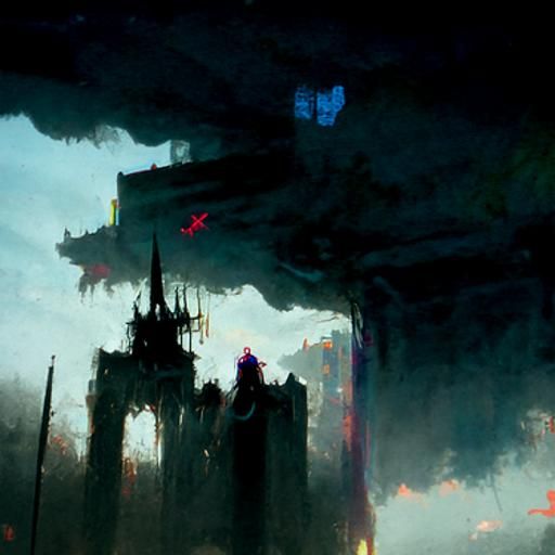Floating Neon Castle over Ruined City in Sinister Style