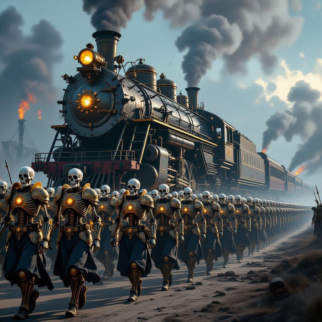 Steampunk Skeleton Army Marching Under Giant Engine
