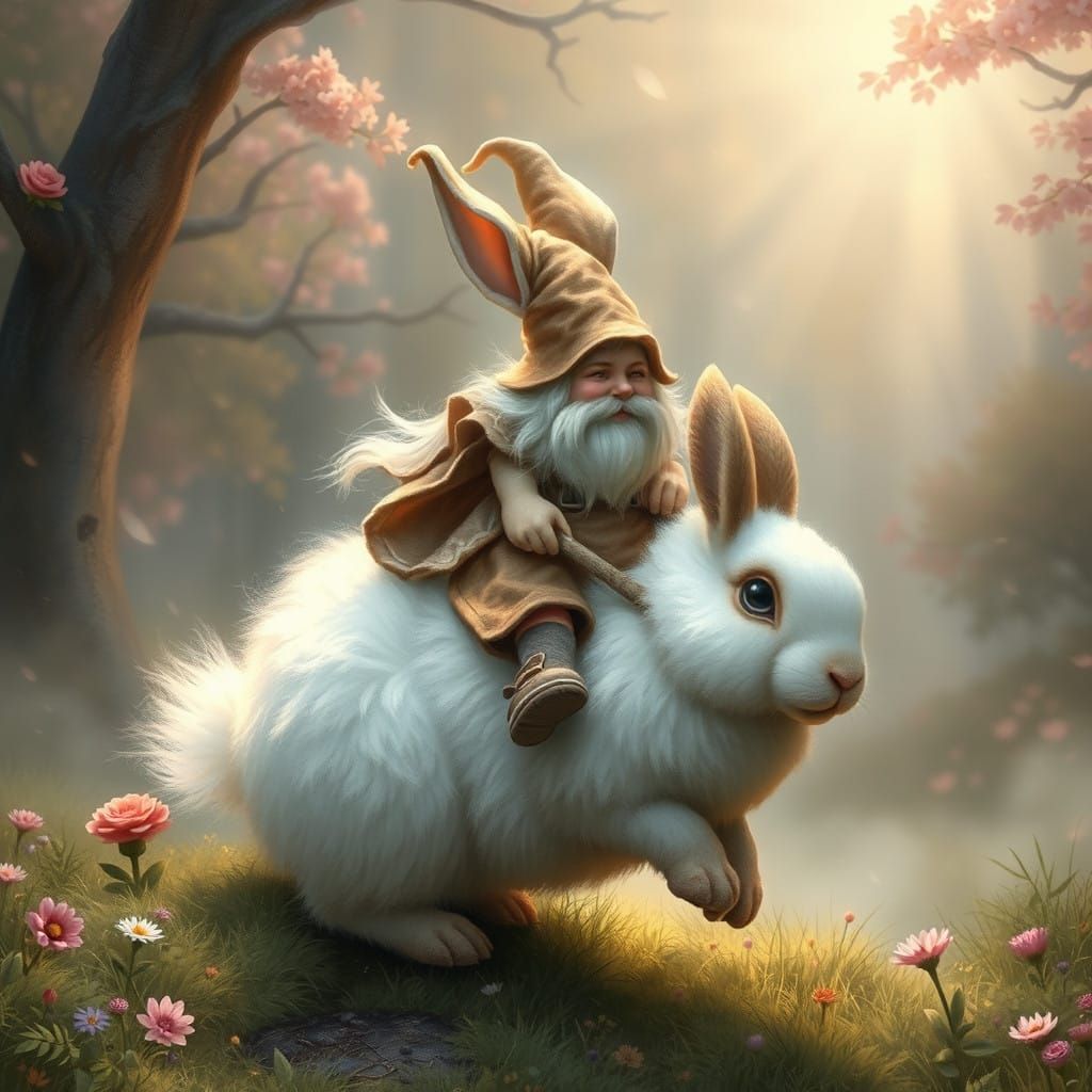 A Gnome Rides a Majestic Fluffy Bunny in Whimsical Fantasy