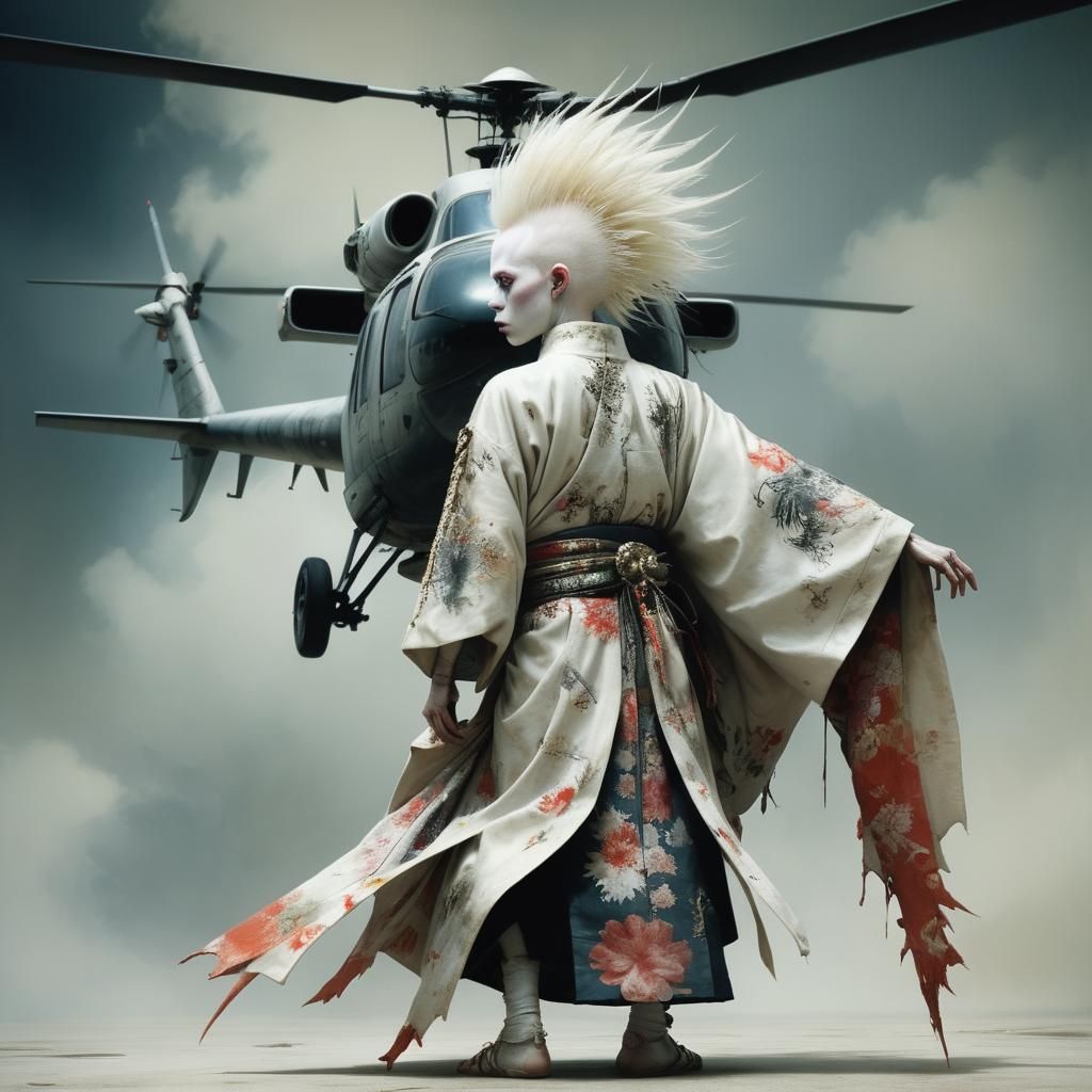 Albino Humanoid with Mohawk Enters Helicopter