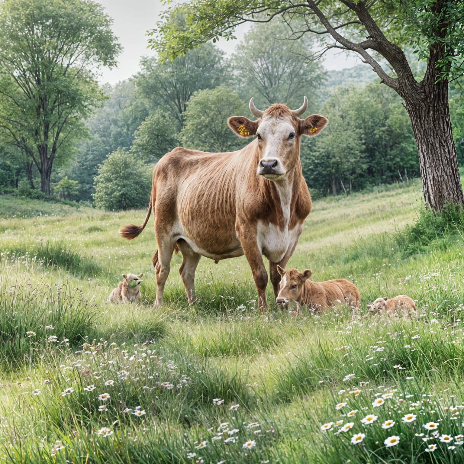Mother Cow and Calf in Grassy Meadow