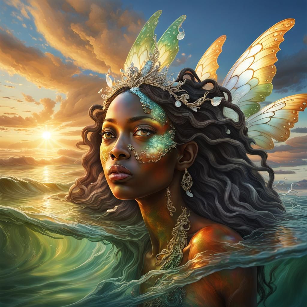 African American Fairy Emerges from Water at Sunrise