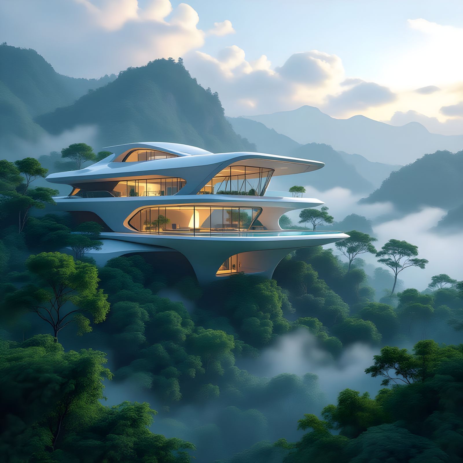 Neo-Futuristic House Perched Above Dreamlike Forest