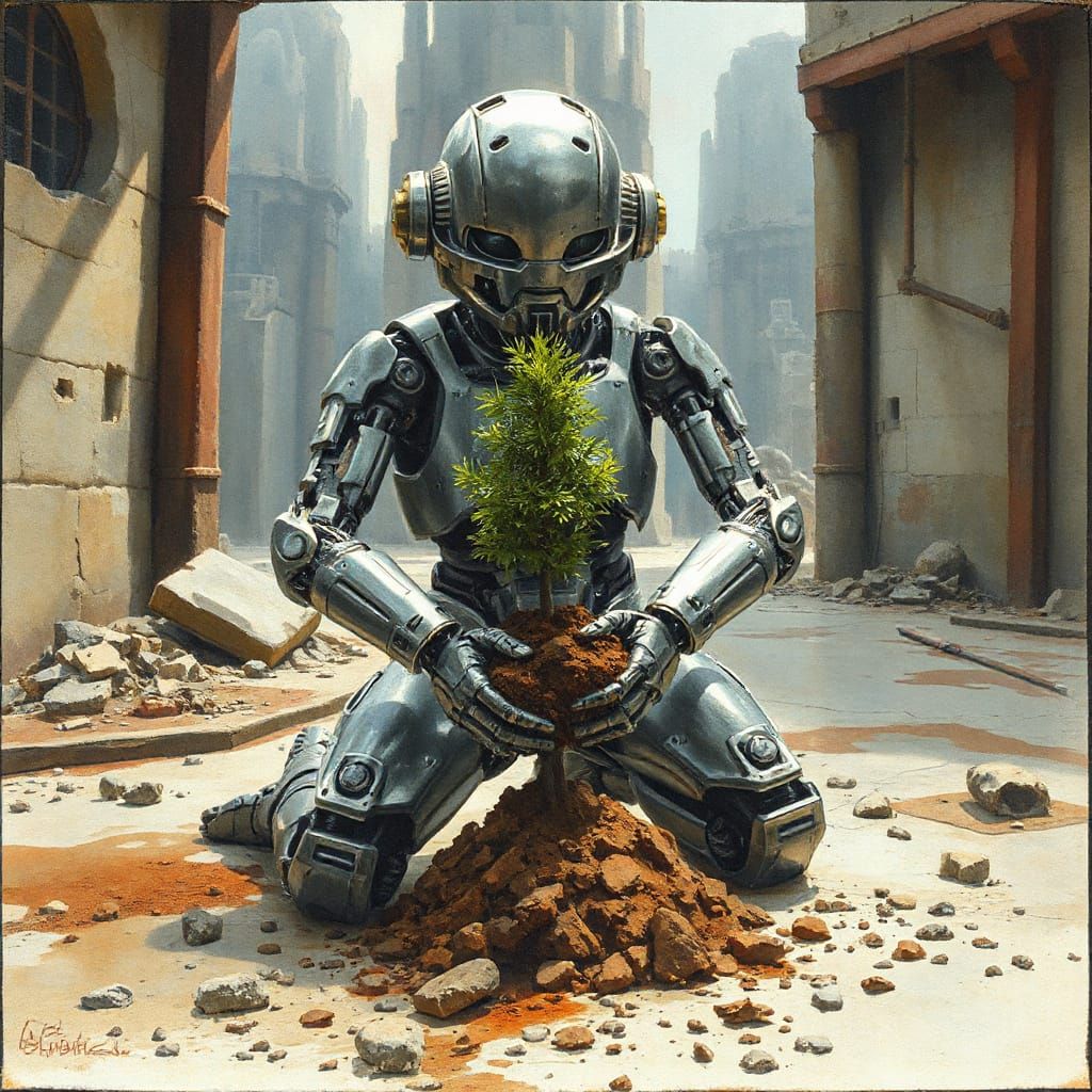 Ethereal Robot Boy Tenderly Holds Tree Amidst Ruins